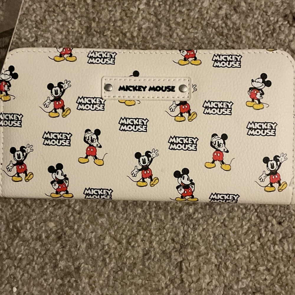 Disney White Mickey Mouse Patterned Wristlet Clutch with Red and Yellow Accents